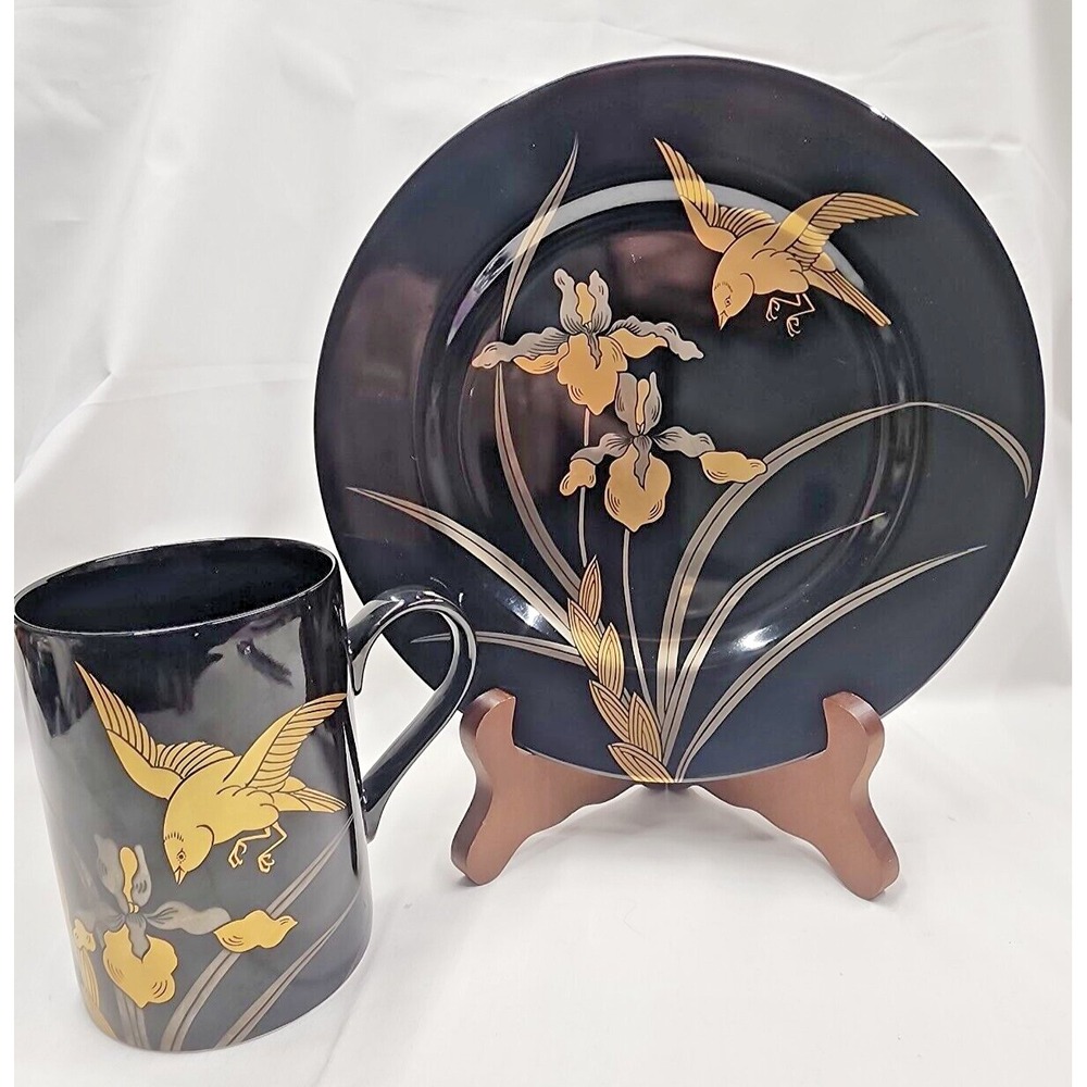 Vintage‎ Fitz and Floyd Mug and Plate set "Oiseau Dore" Black/Gold Iris & Bird